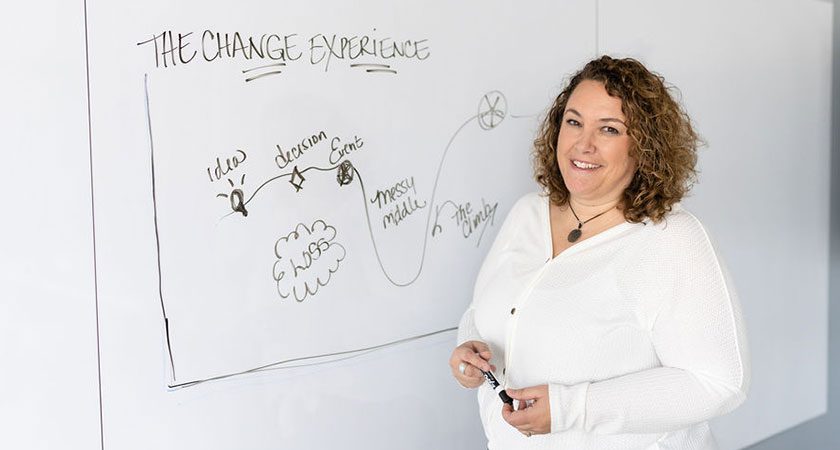 Courtney Smock stands in front of a whiteboard where she wrote a graph featuring a straight line with a valley in the middle. The graph, titled "The Change Experience" reads from left to right "Idea, Decision, Event, Messy Middle, The Climb"