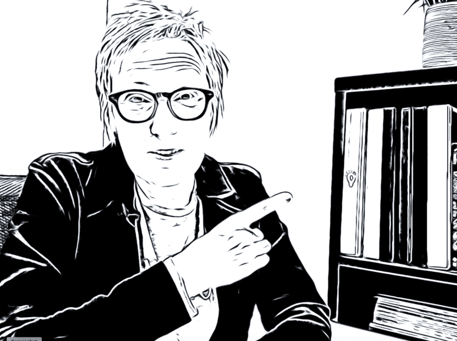 An image featuring a black and white "cartoonish" filter that turns the photo into what appears to be a drawing of Jackie Pelland sitting at their desk and pointing at the nearby bookshelf.