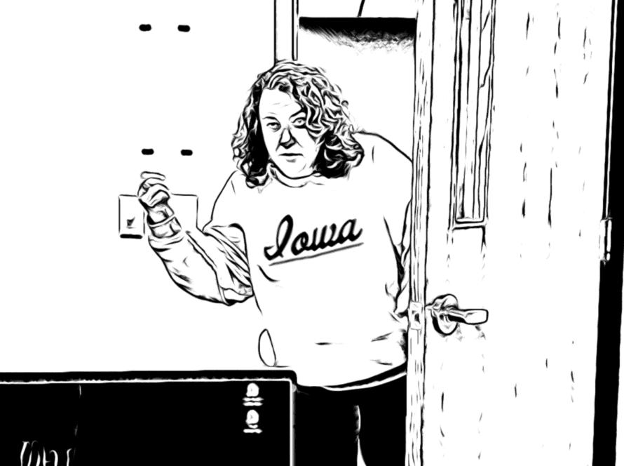 An image featuring a black and white "cartoonish" filter that turns the photo into what appears to be a drawing of Courtney Smock in a doorway.